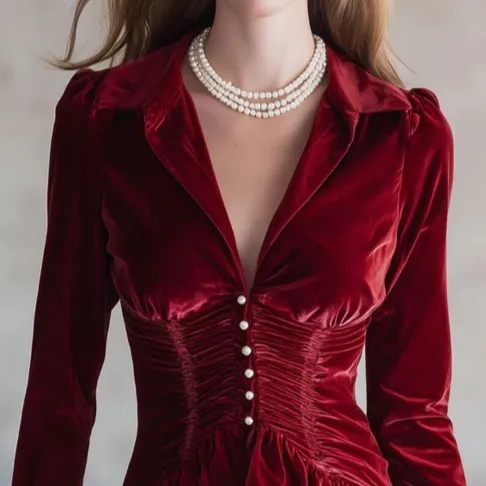Fashionable And Retro Red Velvet Pleated Long sleeved Shirt Red - Shop at LoveMi