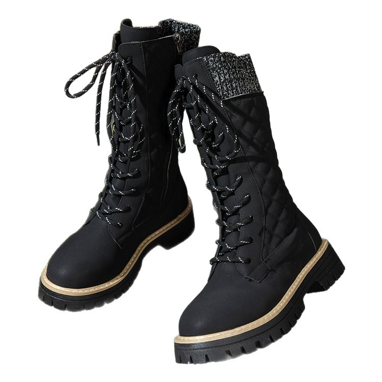 Check The Color-matched Front-lace-up Thick-heeled Martin Boots - Image 1