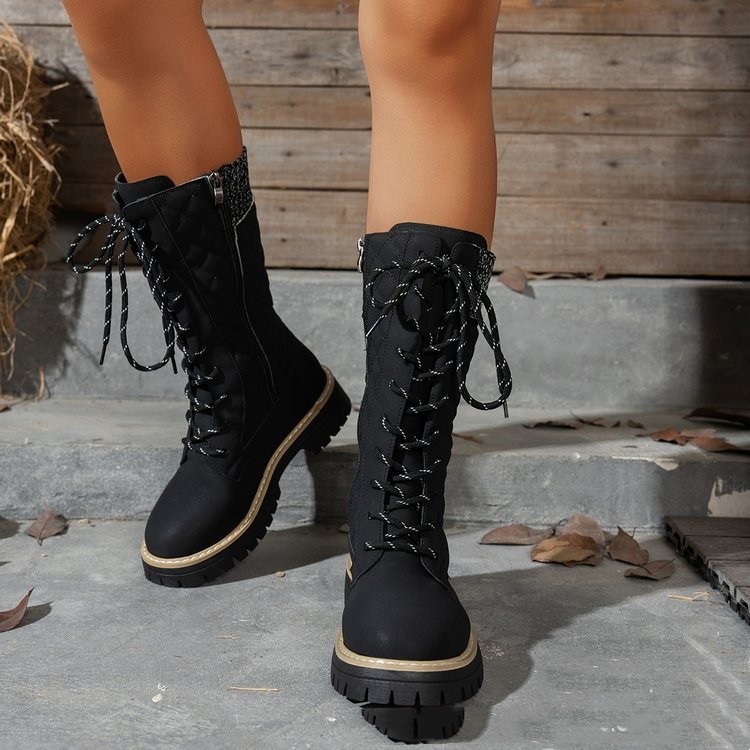 Check The Color-matched Front-lace-up Thick-heeled Martin Boots - Image 4
