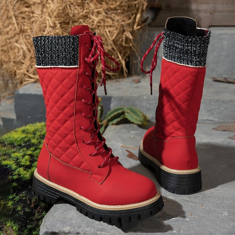 Check The Color-matched Front-lace-up Thick-heeled Martin Boots - Image 3