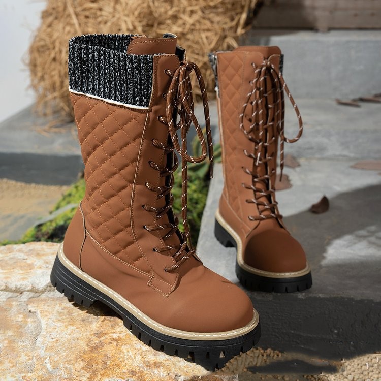 Check The Color-matched Front-lace-up Thick-heeled Martin Boots