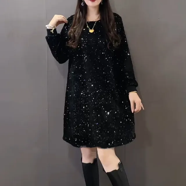 Plus size Fashion Crew neck Dress With A Starry Sky Print Black - Shop at LoveMi