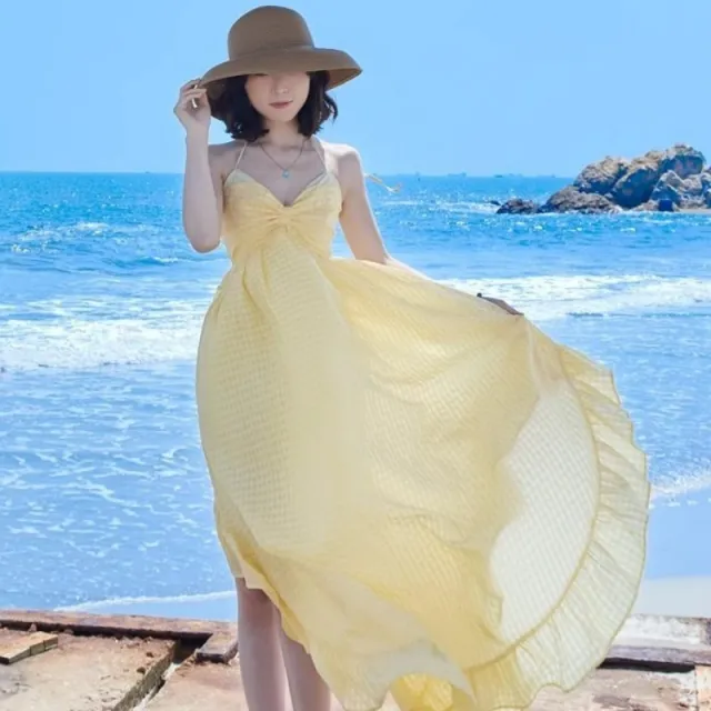 Elegant Yellow Halterneck Beach Vacation Dress Yellow - Shop at LoveMi