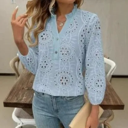 Buttoned Autumn Season Colorful Casual Womens Shirt Blue - Shop at LoveMi