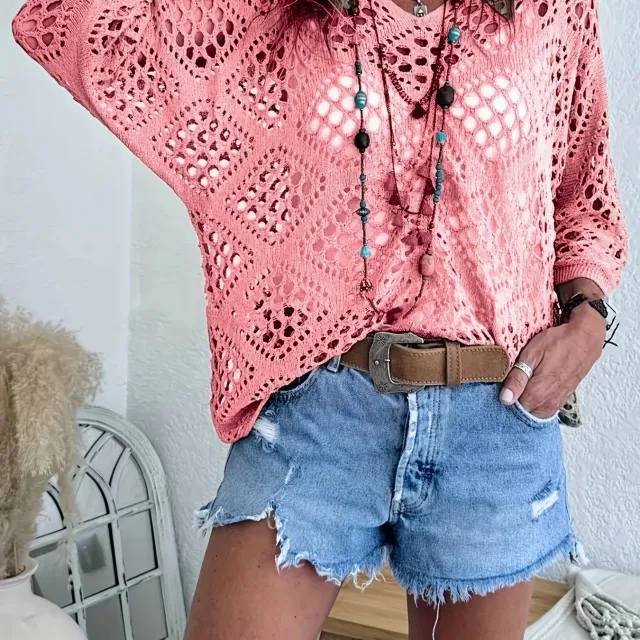 Stylish Beach Style Long Sleeve Knitted Blouse Hand Crocheting Solid Color Pink - Shop at LoveMi