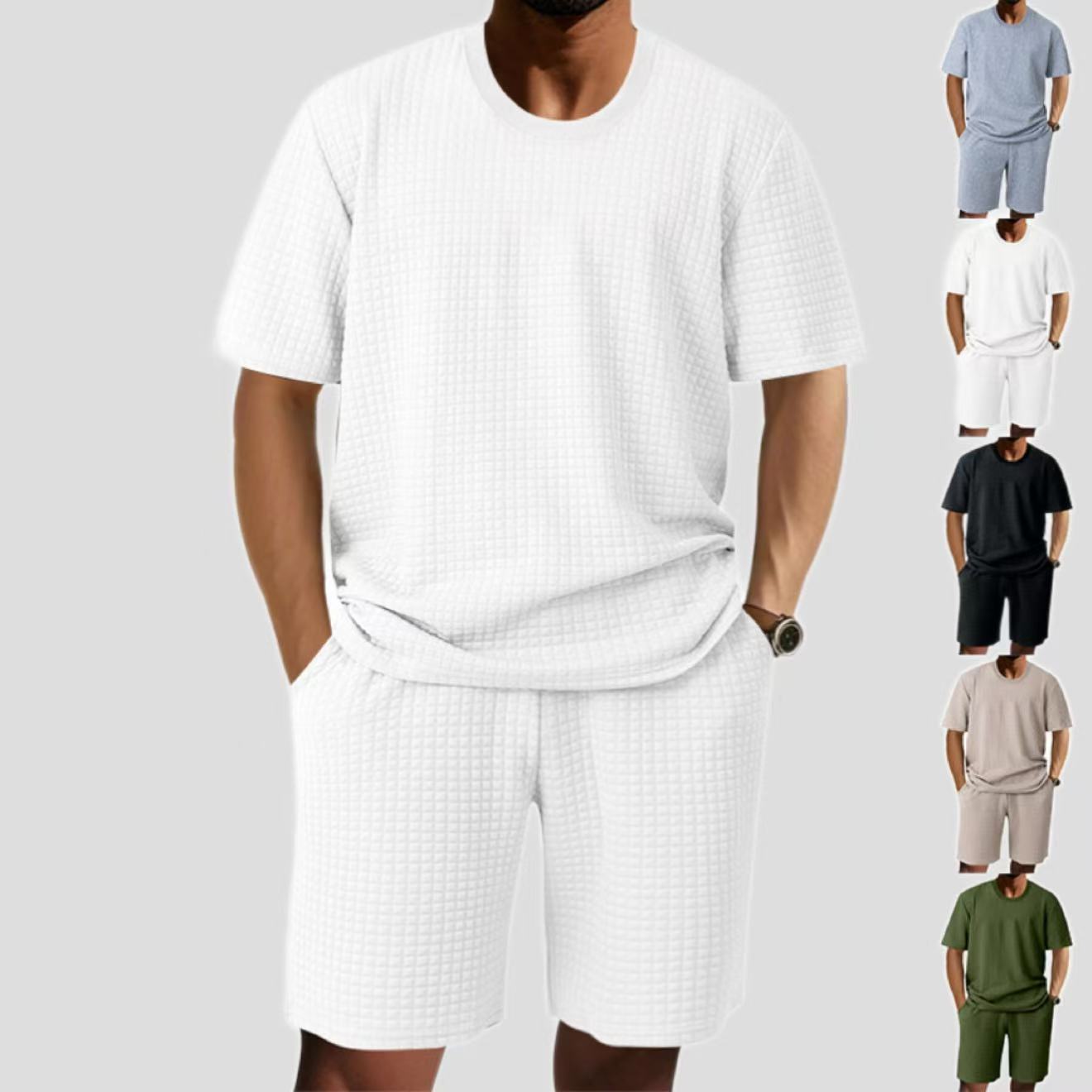 Mens Casual Retro Crew-Neck Short-Sleeve Set