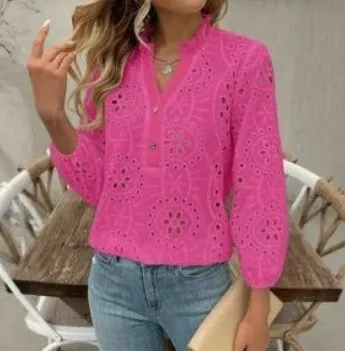 Buttoned Autumn Season Colorful Casual Womens Shirt Rose - Shop at LoveMi