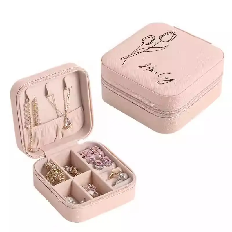 PU Leather Square Jewelry Box With Printed Name And Flower Design A Valentine's Day Gift For Rings And Bracelets.