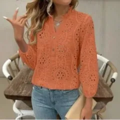 Buttoned Autumn-Season Colourful Casual Womens Shirt - Orange - View 1