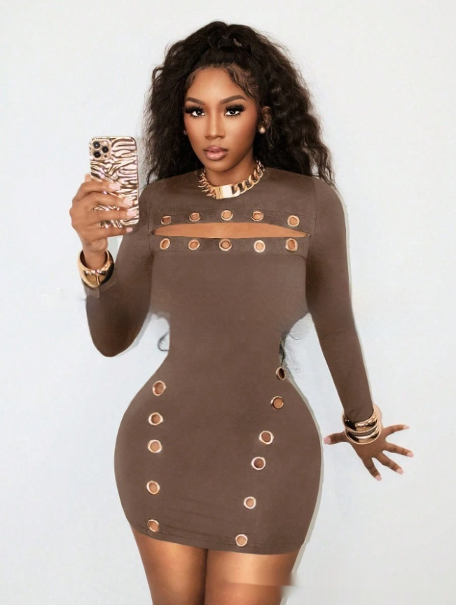 Sexy Springsummer Metallic Cutout embellished Bodycon Dress Brown - Shop at LoveMi