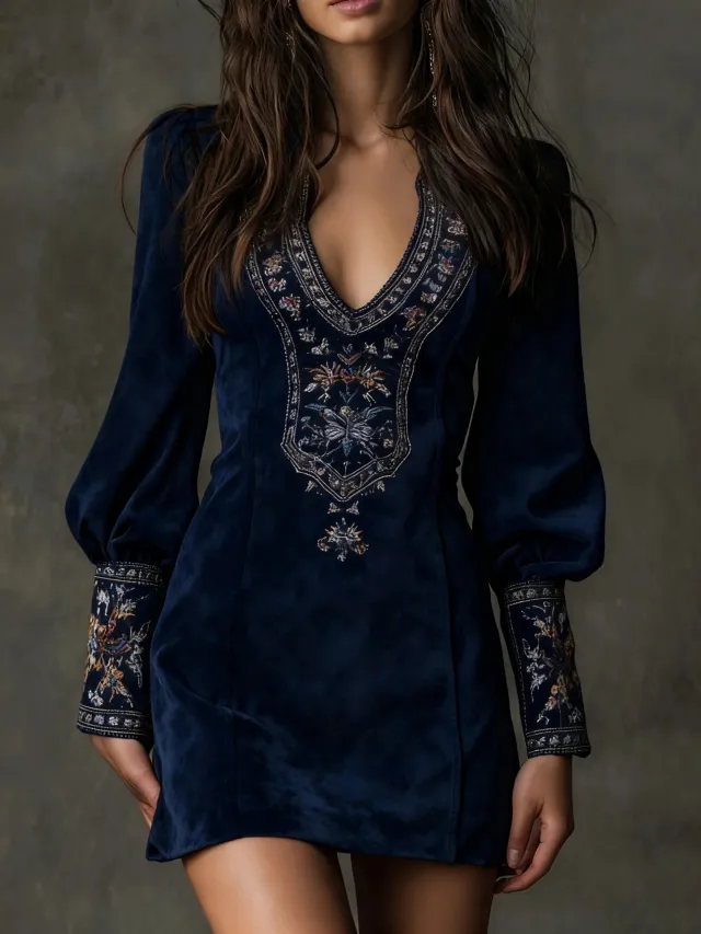 European And American Women's Clothing Long Sleeve V neck Sexy Dress Embroidery Blue - Shop at LoveMi