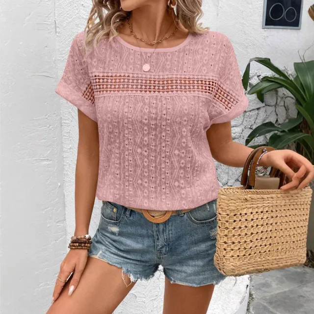 Womens Lace Trimmed Hollow Out Crew Neck Batwing Sleeve T Shirt Pink - Shop at LoveMi