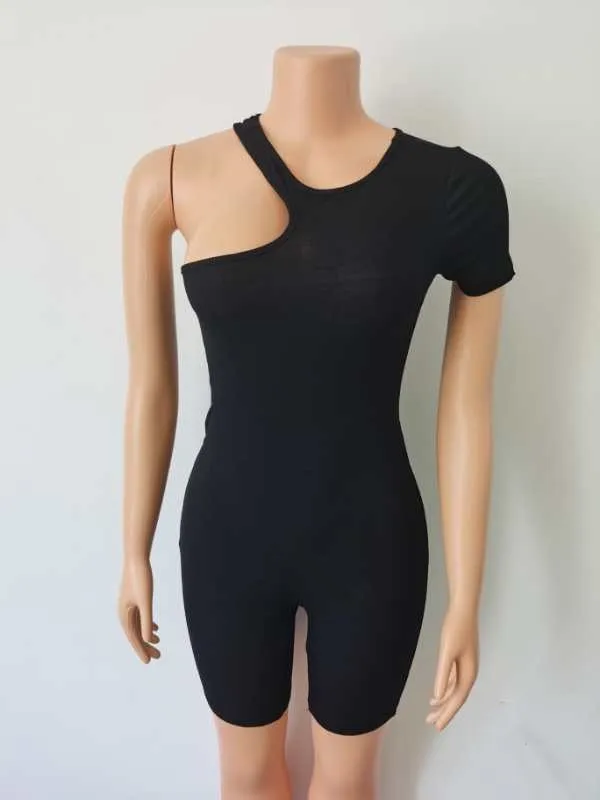 Womens High stretch One shoulder Short sleeve Jumpsuit Shorts Black - Shop at LoveMi