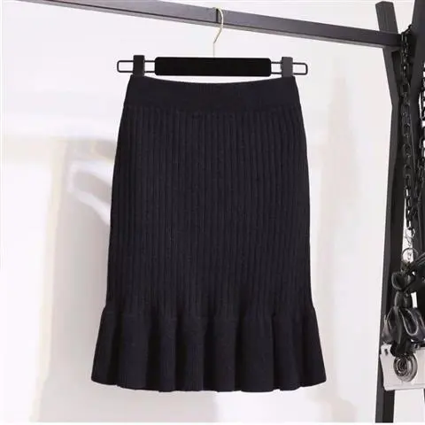 Knitted Skirt With Ruffled Hem High Waist And A Fitted Mermaid Silhouette Black - Shop at LoveMi