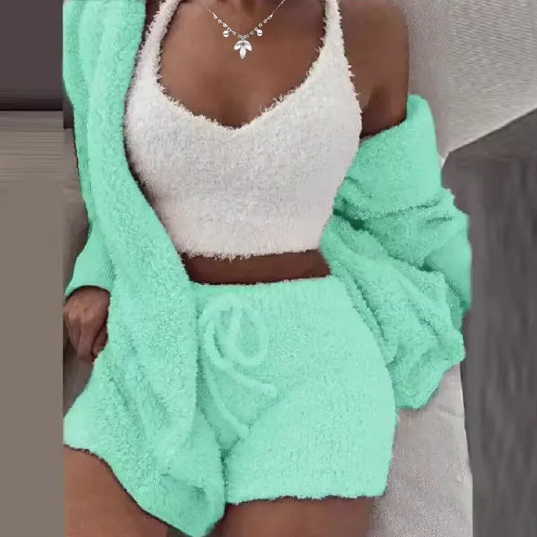 Winter Plush Loungewear Casual Three-piece Pajama Set - Cyan