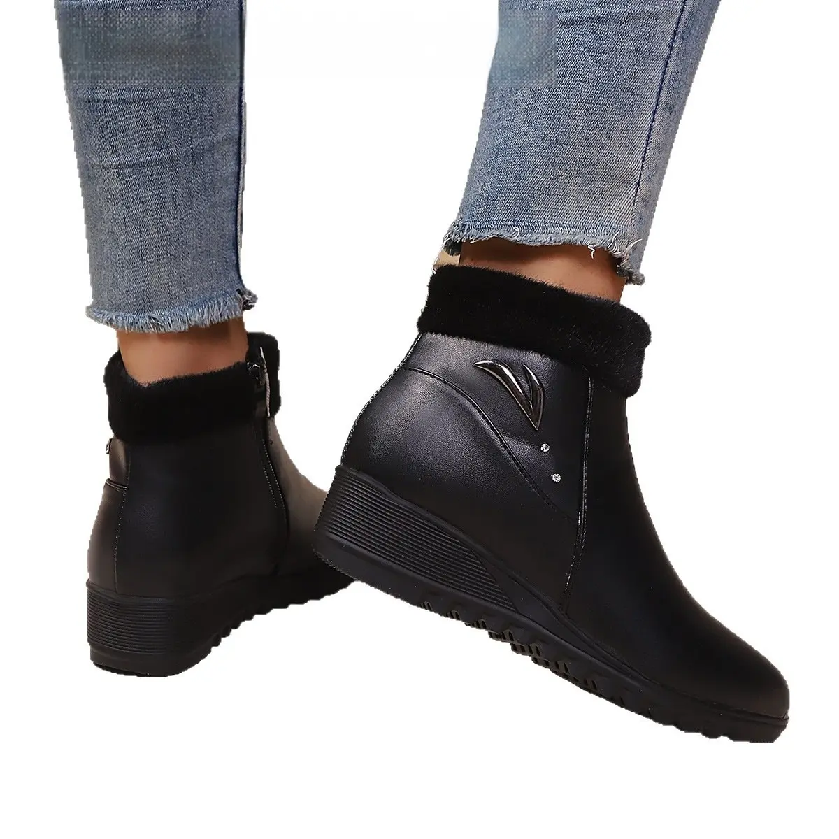 Women's Low Heel Round Toe Plus Fleece Side Zipper Boots