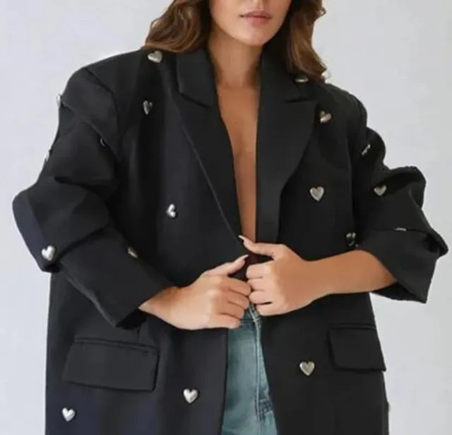 Straight Loose Heart Rhinestone Suit For Women Black - Shop at LoveMi