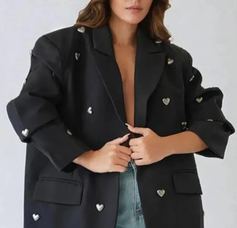 Straight Loose Heart Rhinestone Suit For Women - Black