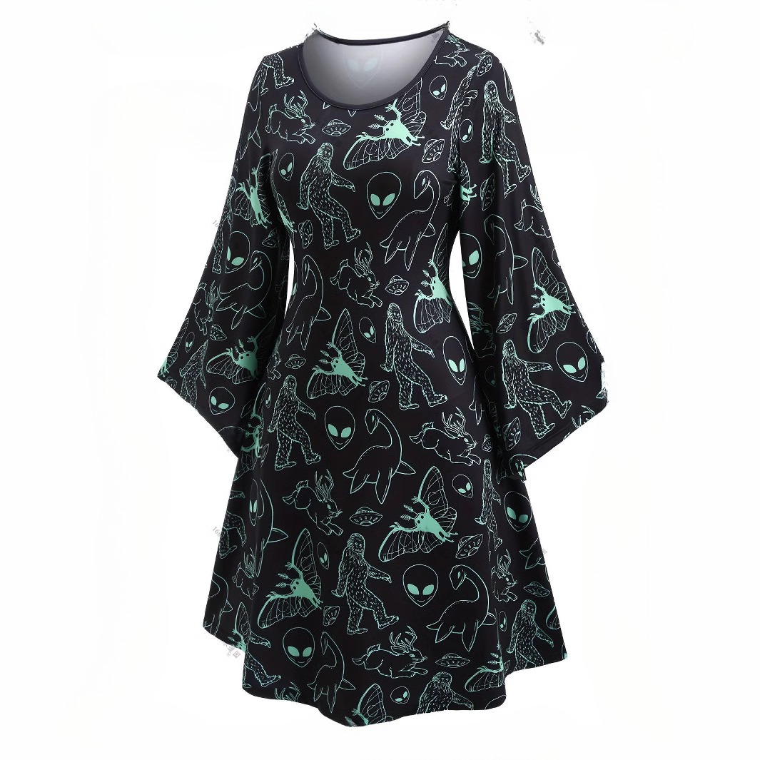 Printed Flared sleeve Crew neck Midi Dress Red - Shop at LoveMi