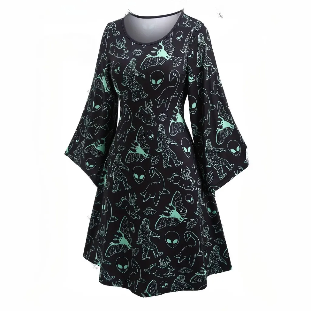 Printed Flared-sleeve Crew-neck Midi Dress - Black