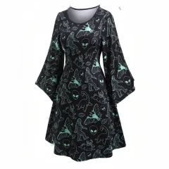 Printed Flared-sleeve Crew-neck Midi Dress - Black - View 1