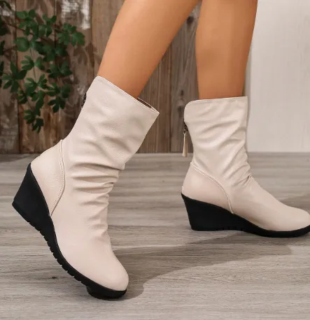 Retro Wedge Heel Fur lined Pleated Pointed Back Zipper Ankle Boots Beige - Shop at LoveMi