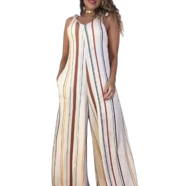 Printed V neck Lace up Jumpsuit Pocketed Vest style Wide leg Romper Xl Stripes - Shop at LoveMi
