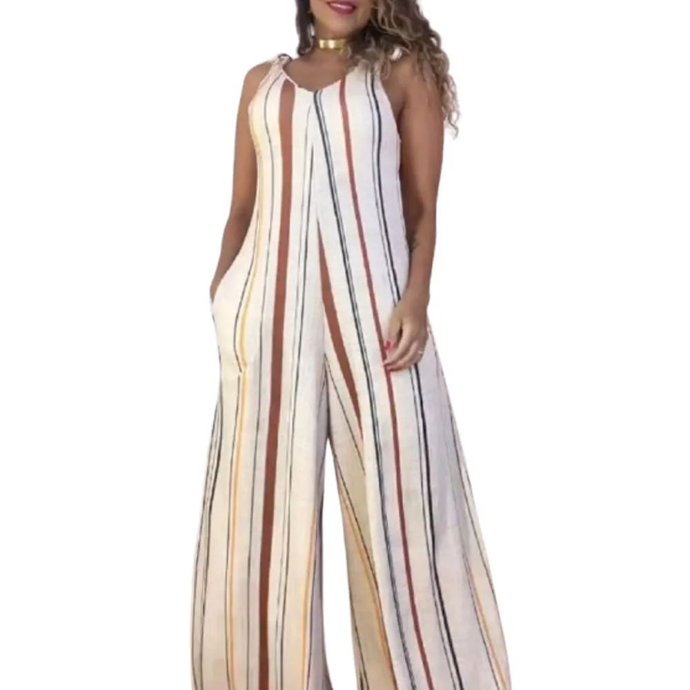 Printed V-neck Lace-up Jumpsuit Pocketed Vest-style Wide-leg Romper - M-Stripes