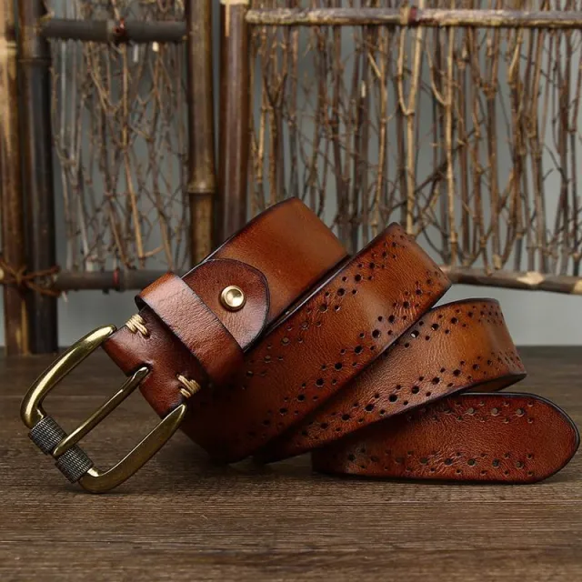 Handmade Retro Chino style Belt With A Top layer Cowhide Hollowed out Design And A Casual Zinc alloy Buckle For Denim Khaki - Shop at LoveMi