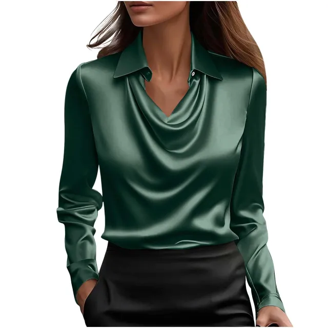 Spring And Autumn Temperament Long Sleeve Satin Swing Collar Top Shirt For Women Green - Shop at LoveMi