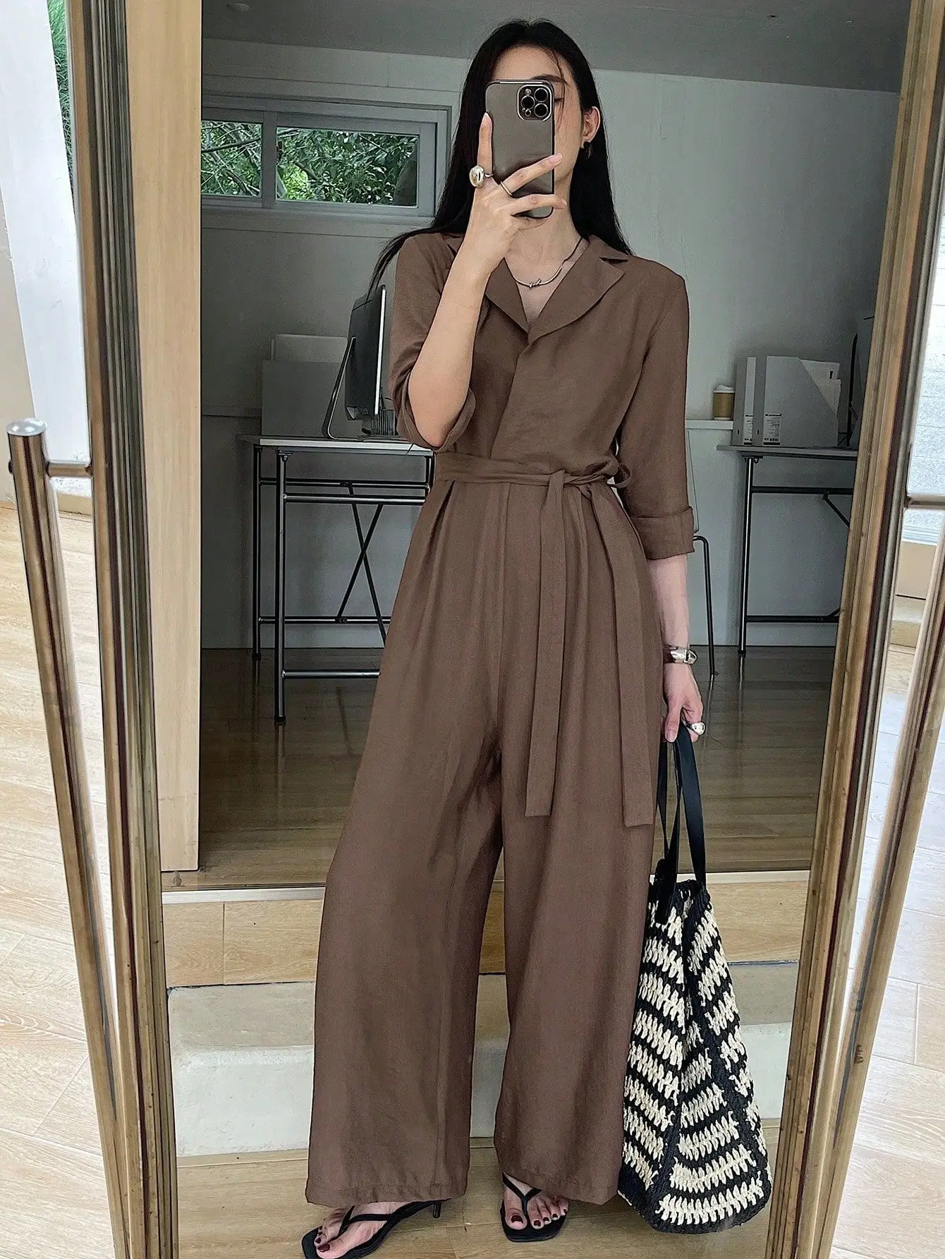 Elegant Solid-Color V-Neck Long-Sleeve Lace-Up Wide-Leg Jumpsuit