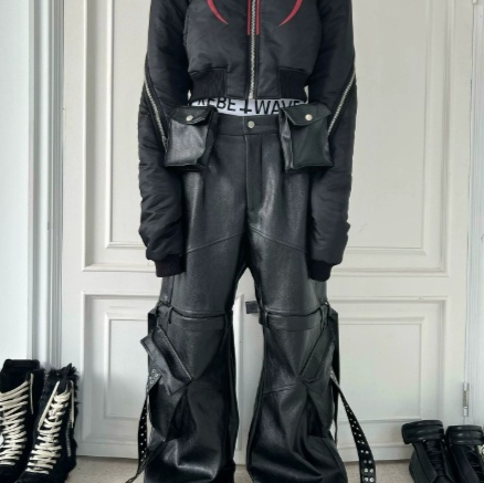 Leather Pants With A Double-waistband Design And Flowing Ribbons