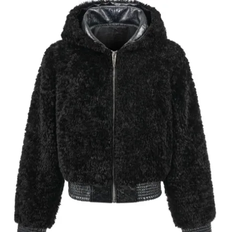 Artificial Fur Fleece Hooded Jacket With Leather Trim - Black