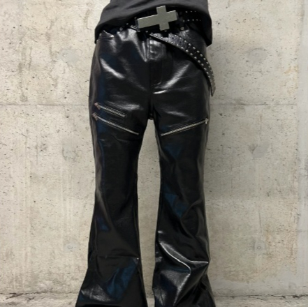 Black Liquid-metal-coated Zippered Waxed Jeans With A Slight Flare