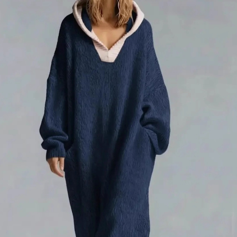 Casual Loose fitting And Comfortable Knitted Hoodie Dress Navy - Shop at LoveMi