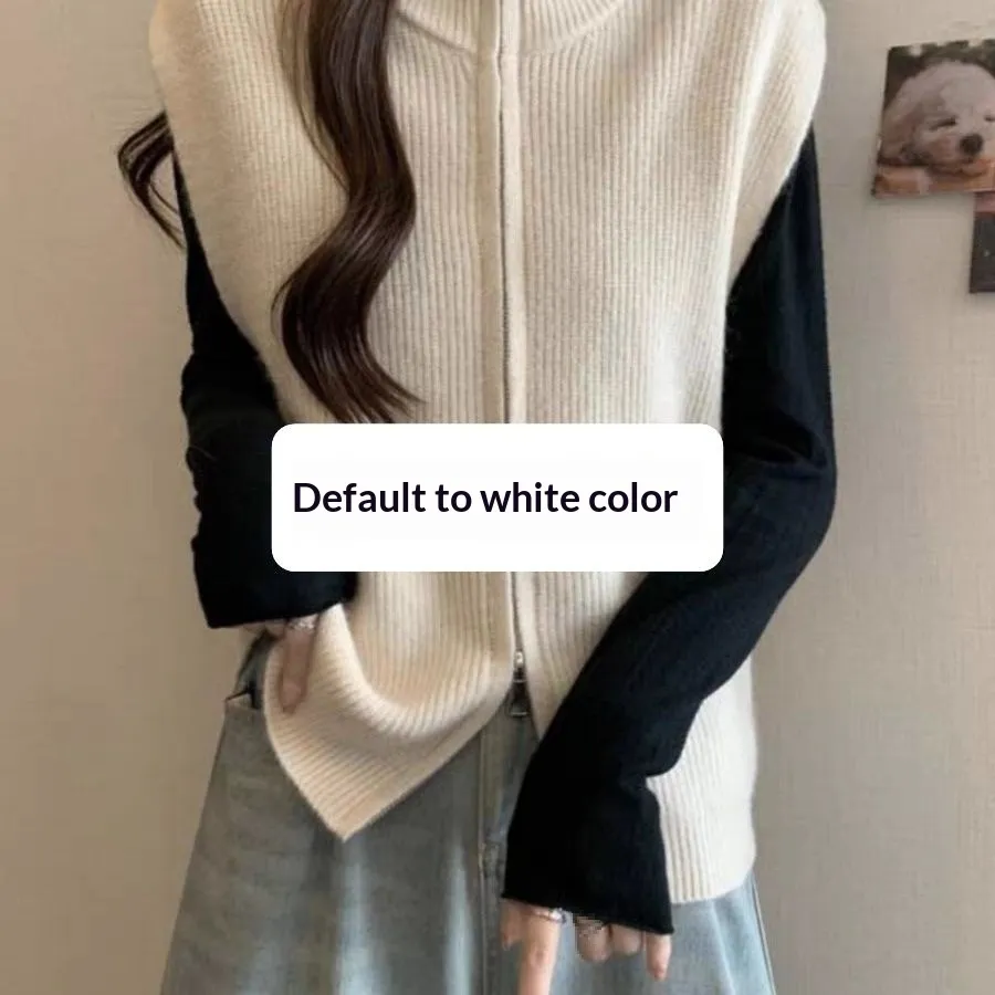 Casual Solid-Colour Loose-Fit Zippered Knitted Vest For Layering - Red