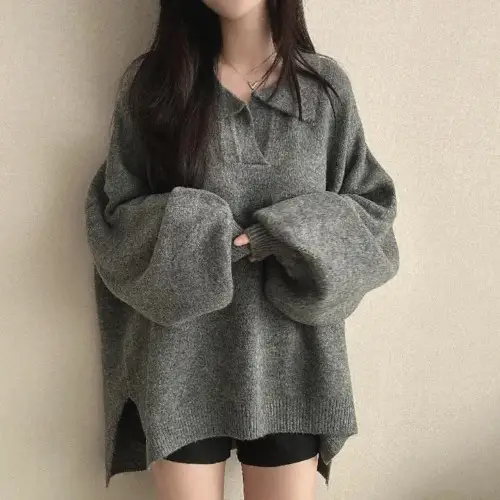 Womens Polo-Neck Sweater Loose-Fit Warm Mid-Length Knitted Top