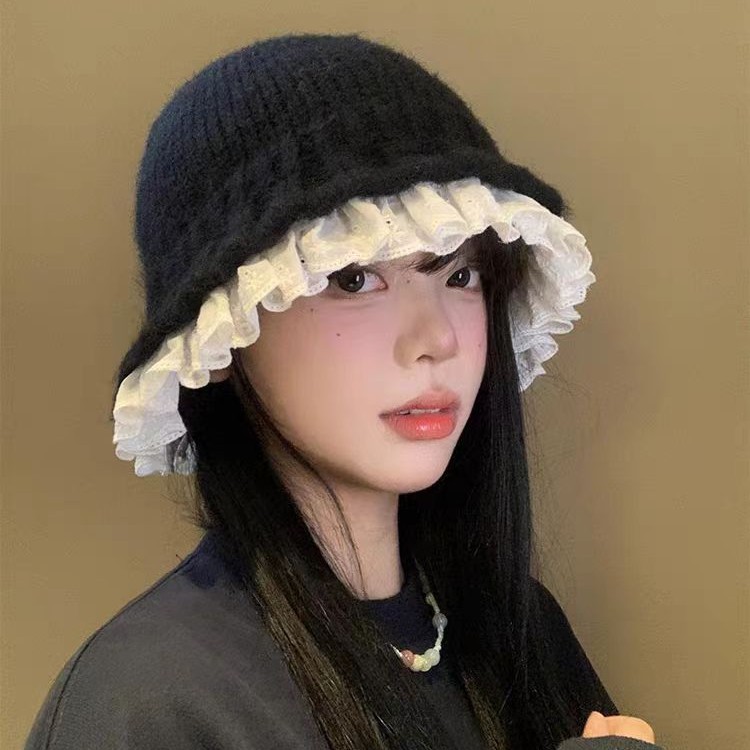 Womens Lace-trimmed Knitted Fisherman Hat