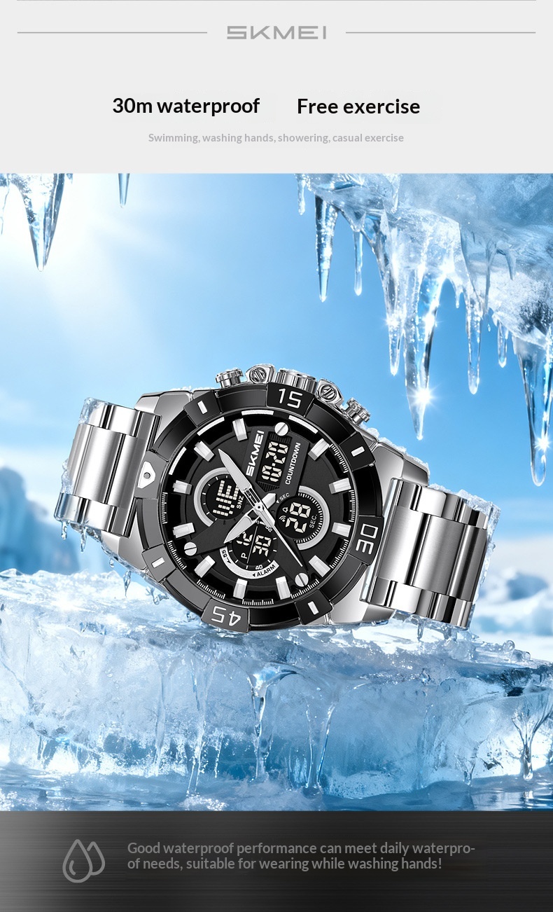 Skmei 2593 Analog Digital Countdown Alarm Sports Watch With A Steel Strap For Men