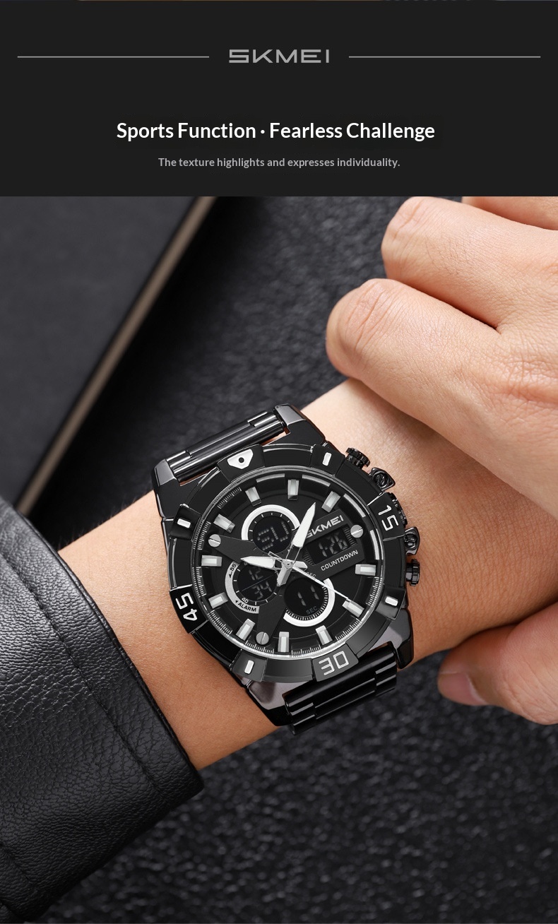 Skmei 2593 Analog Digital Countdown Alarm Sports Watch With A Steel Strap For Men