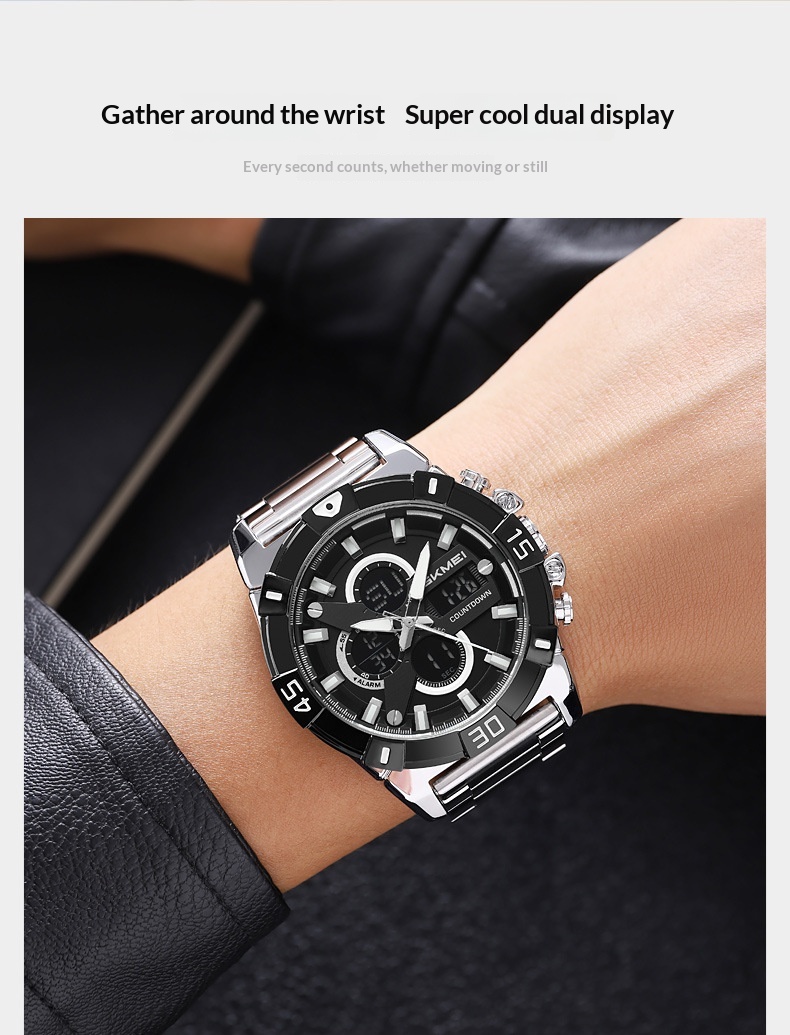Skmei 2593 Analog Digital Countdown Alarm Sports Watch With A Steel Strap For Men