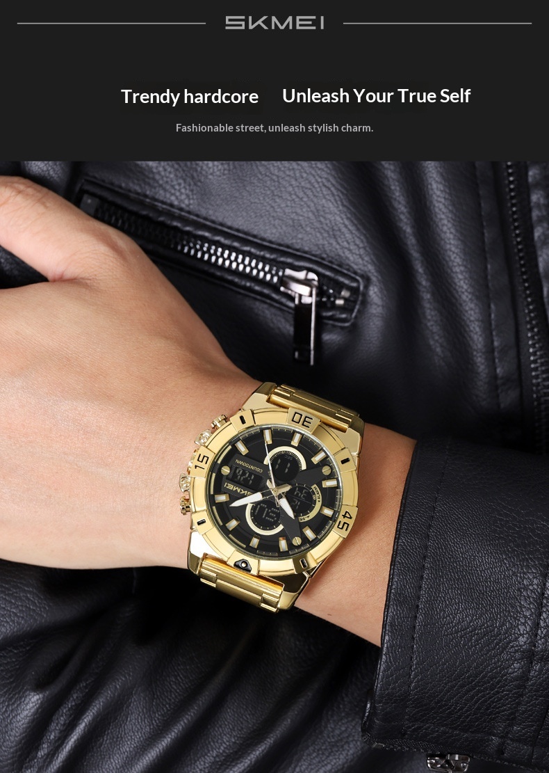 Skmei 2593 Analog Digital Countdown Alarm Sports Watch With A Steel Strap For Men