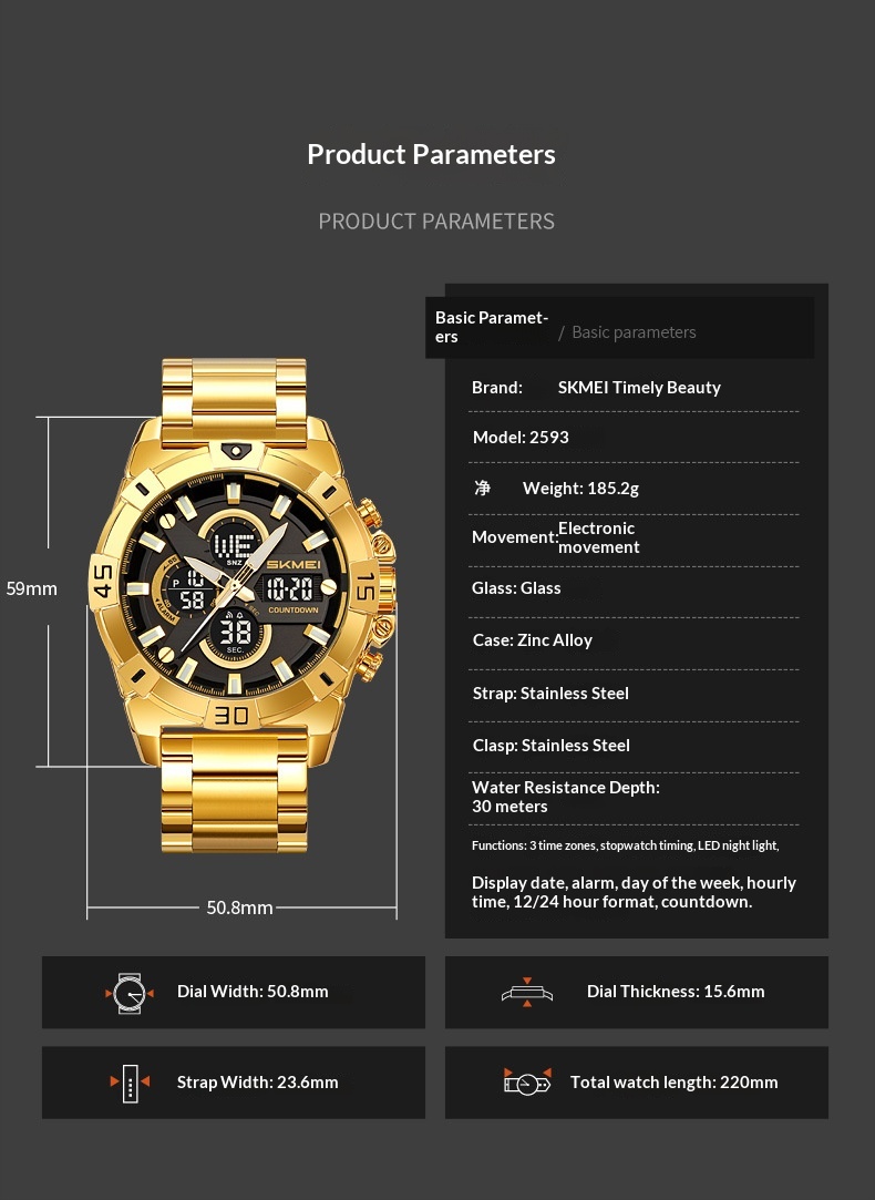 Skmei 2593 Analog Digital Countdown Alarm Sports Watch With A Steel Strap For Men