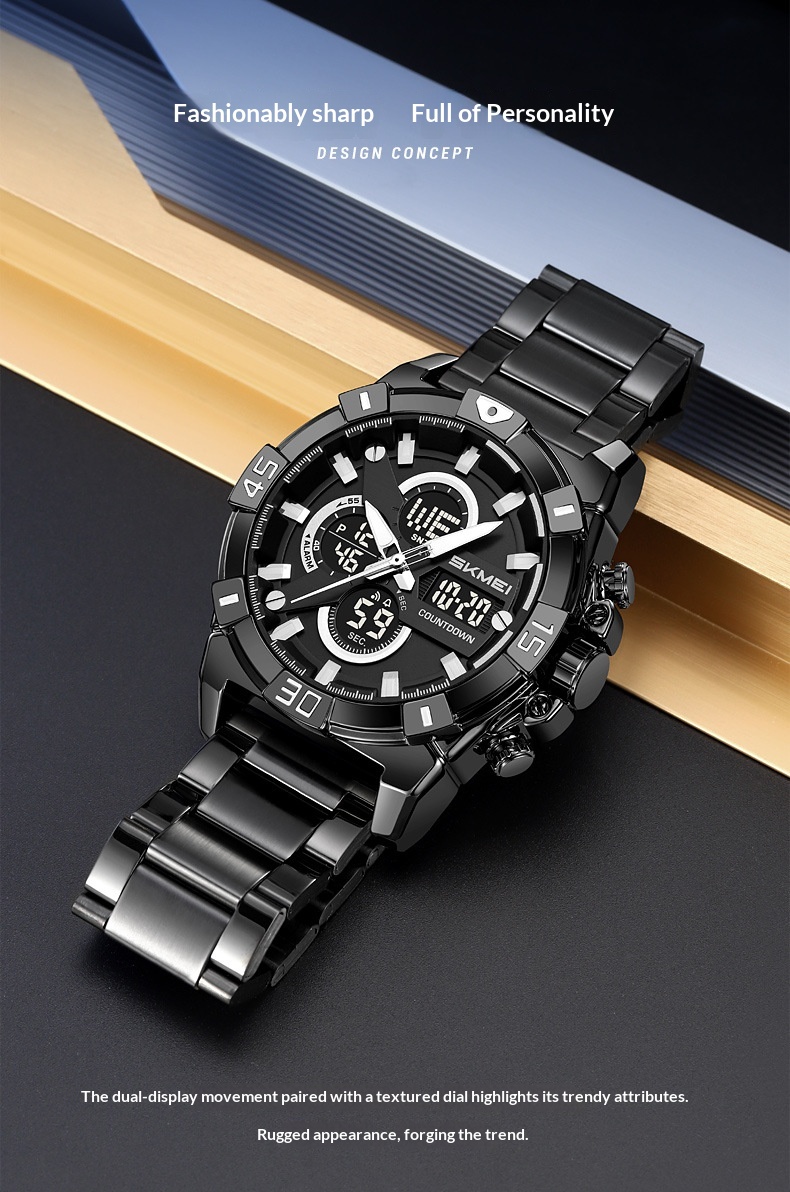 Skmei 2593 Analog Digital Countdown Alarm Sports Watch With A Steel Strap For Men