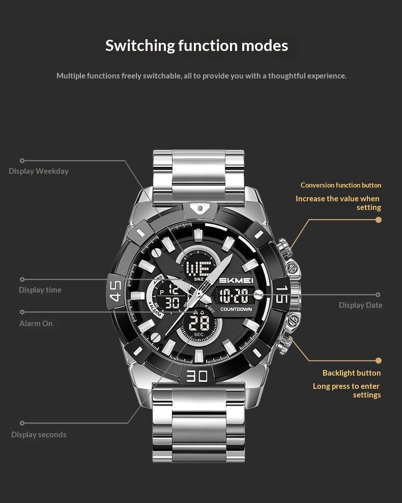 Skmei 2593 Analog Digital Countdown Alarm Sports Watch With A Steel Strap For Men