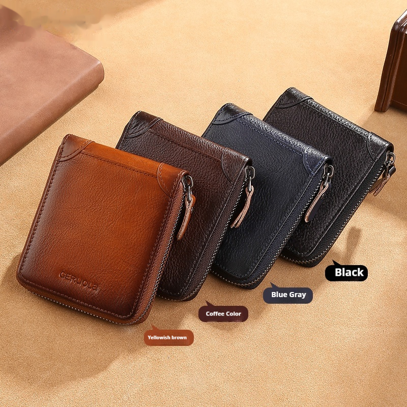 Mens Cowhide Wallet With Multiple Card Slots And A Zipper