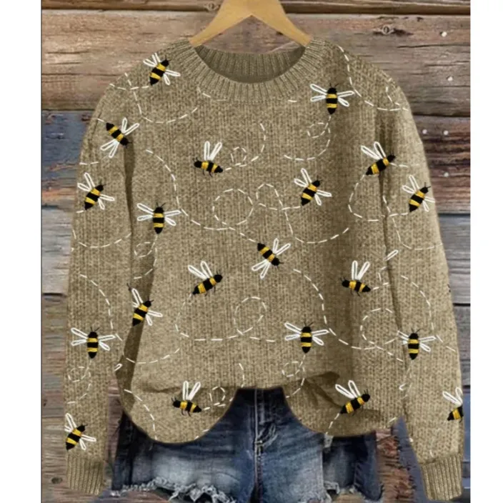 Womens Pullover Sporty Casual Crew-Neck Long-Sleeve Top - Coffee
