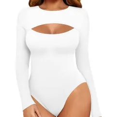 Womens Hollow-out Long-sleeve Top With A Chest-enhancing Design And Matching Jumpsuit - White - View 1