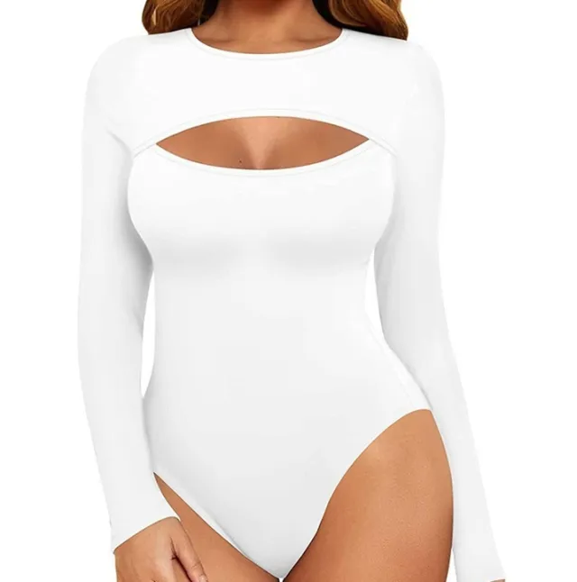 Womens Hollow out Long sleeve Top With A Chest enhancing Design And Matching Jumpsuit White - Shop at LoveMi