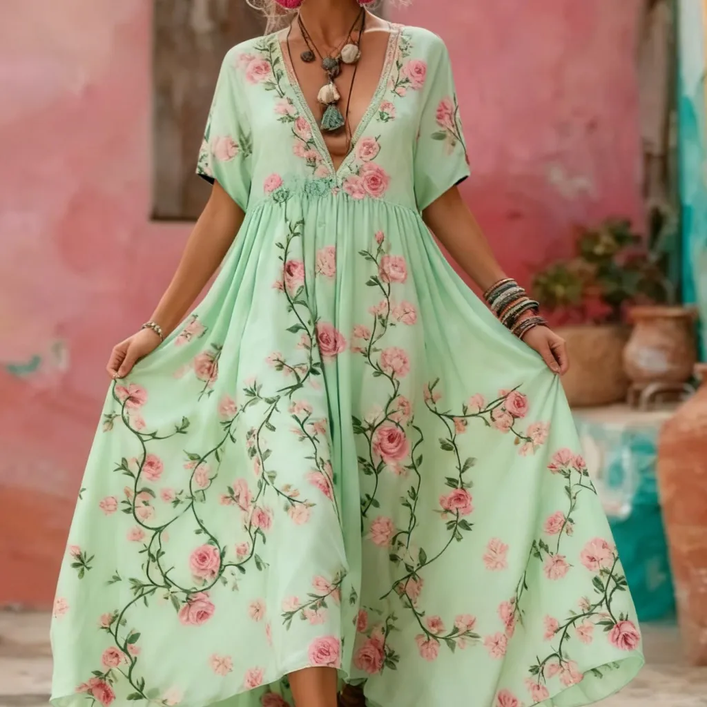Womens Loose-fitting Casual Short-sleeve Deep V-neck Dress - Green